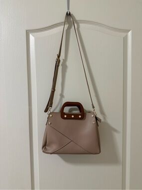 Madison West Taupe Crossbody with Brown Wood Handle